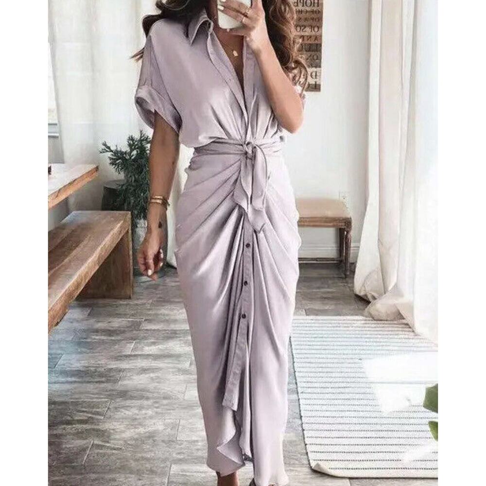 LA Boutique Button Front Ruched Satin Midi Shift Dress V-Neck NWT Size M
